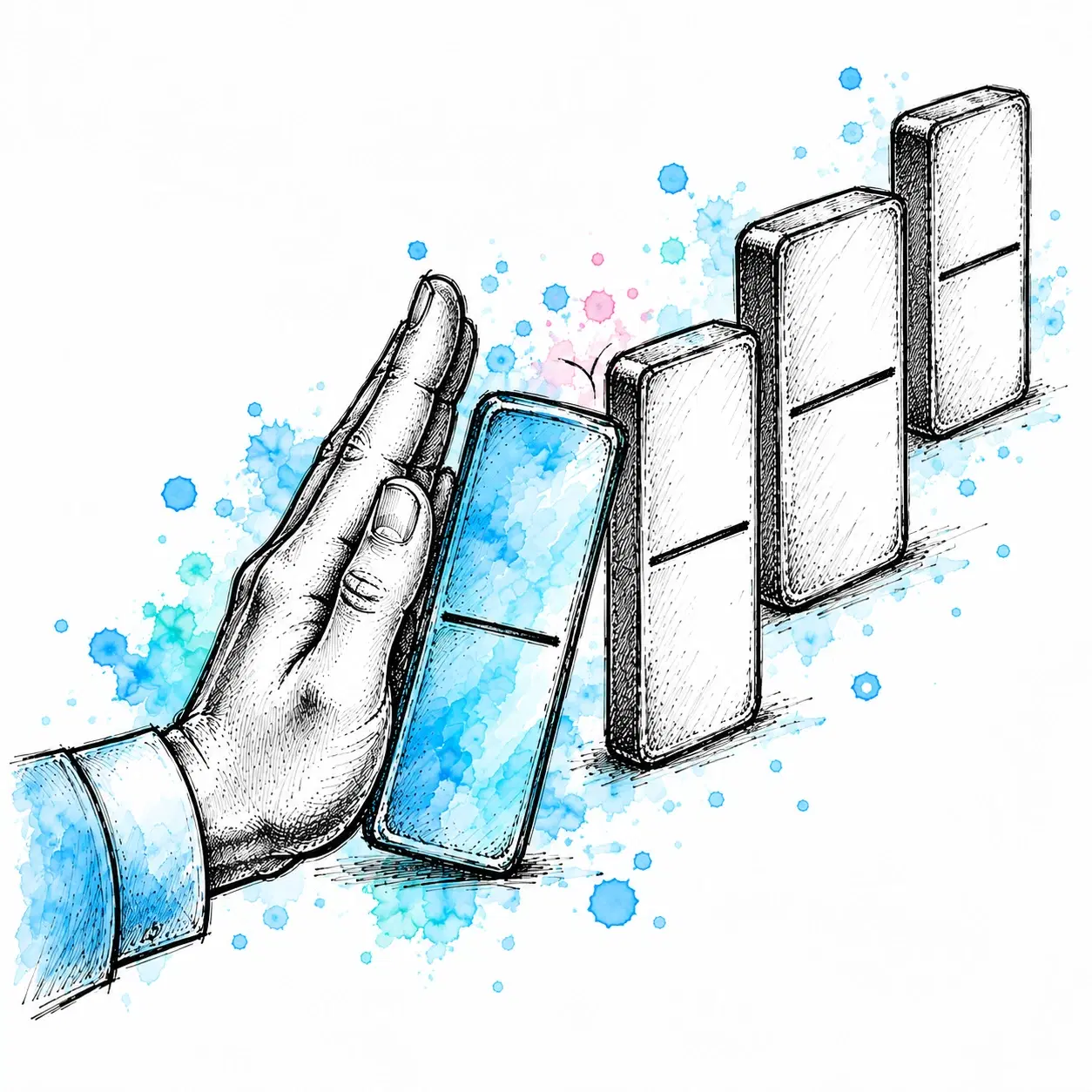 Illustratie van een rij dominostenen waarvan de eerste, blauwe steen kantelt en door een hand wordt opgevangen voordat de rest volgt