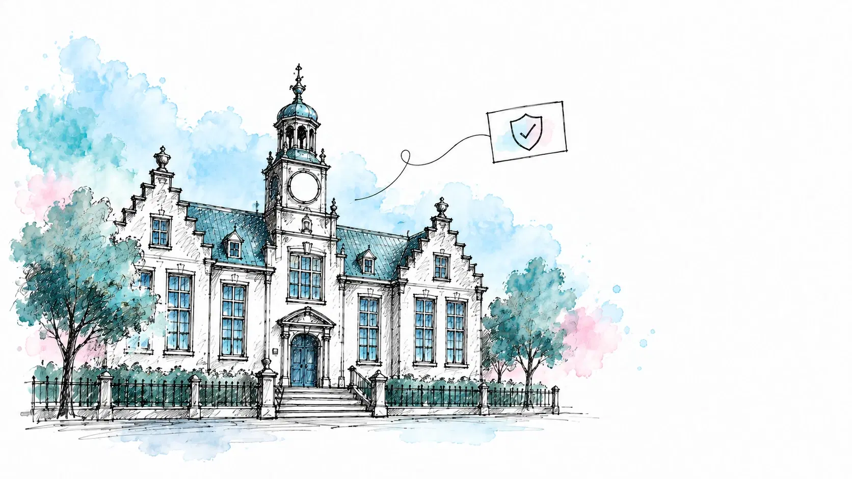 Hollands gemeentehuis met klokkentoren, hek en plein