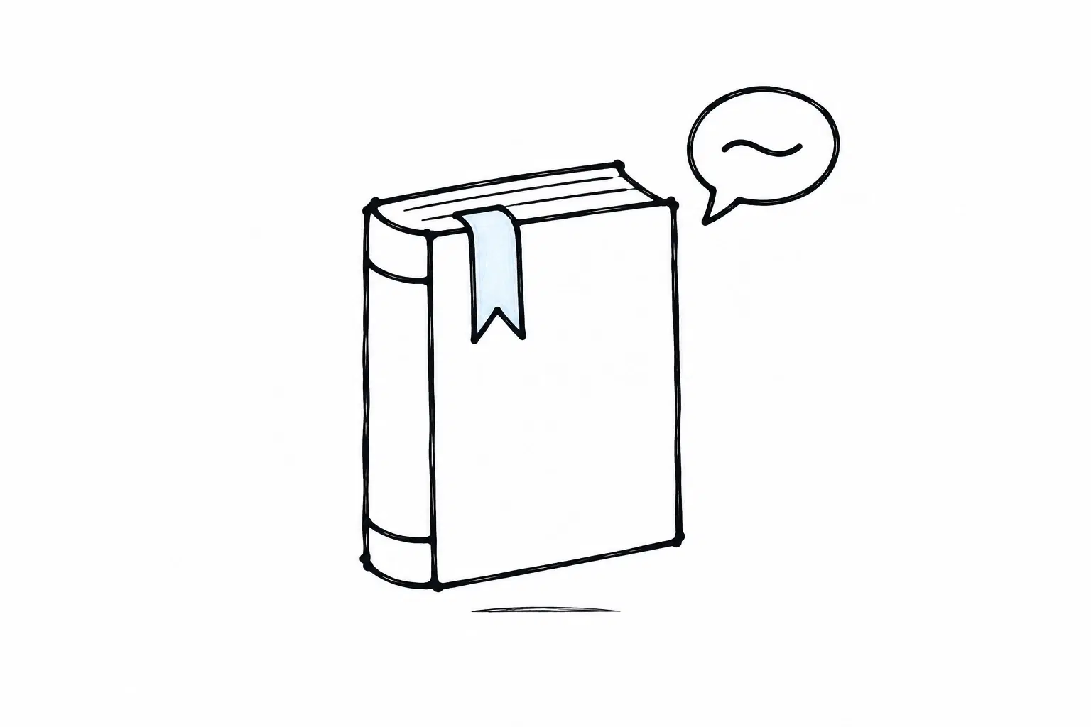 Illustratie van een dik gesloten boek met een lichtblauwe bladwijzer en een spraakwolkje ernaast