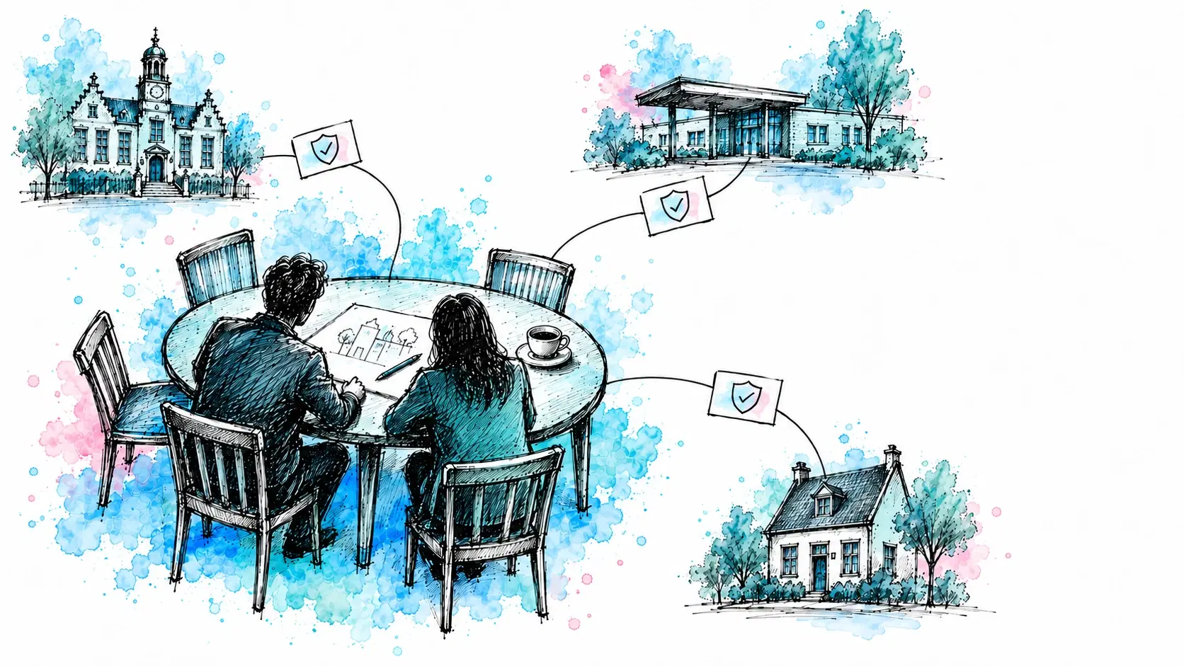 Illustratie van twee mensen die van achteren gezien aan een ronde tafel over een schets gebogen zitten, met lijnen naar een gemeentehuis, een zorgpand en een woonhuis waarlangs kaartjes met een vinkje terugkomen