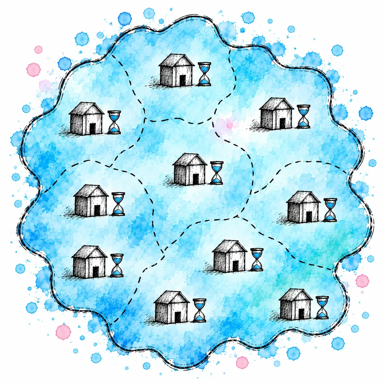 Illustratie van een regio als blauwe aquarelvlek met gestippelde gemeentegrenzen, waarin tien aanbieders staan met elk een zandloper voor de wachttijd