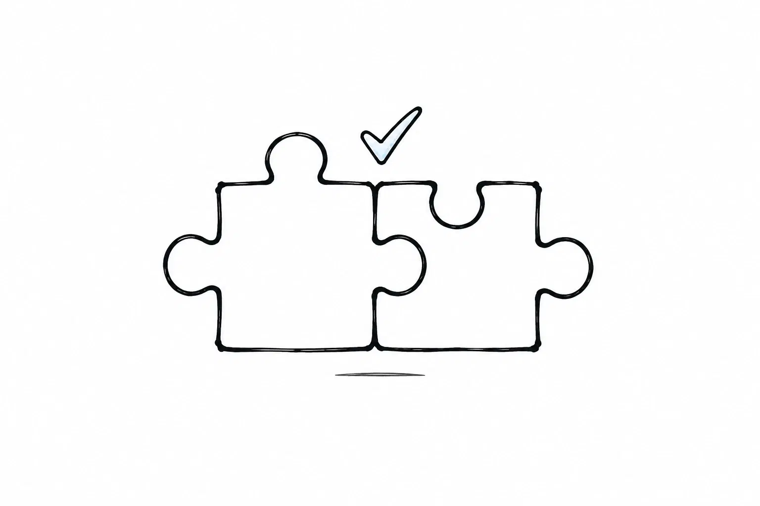 Getekend icoon van twee puzzelstukjes die in elkaar passen, met een vinkje erboven