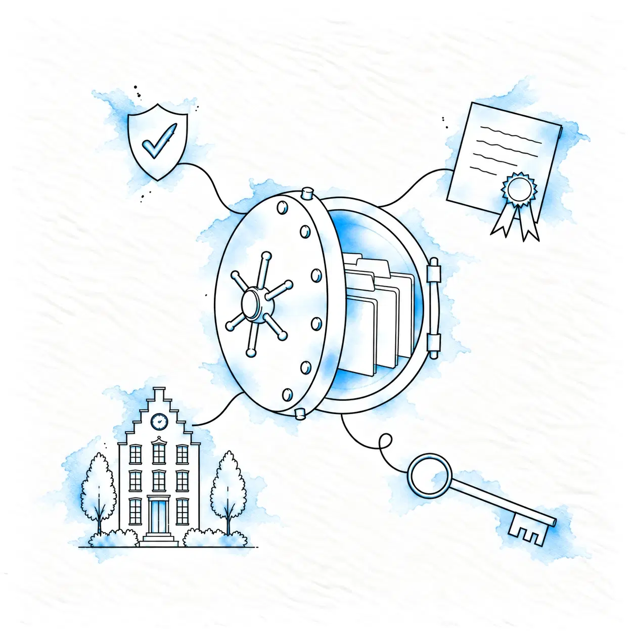 Illustration of an open vault door with a spoked handle and a rim of bolts, case files in the vault behind it, and around it on thin lines a shield with a tick, a certificate with a seal, a key and a Dutch town hall with two trees